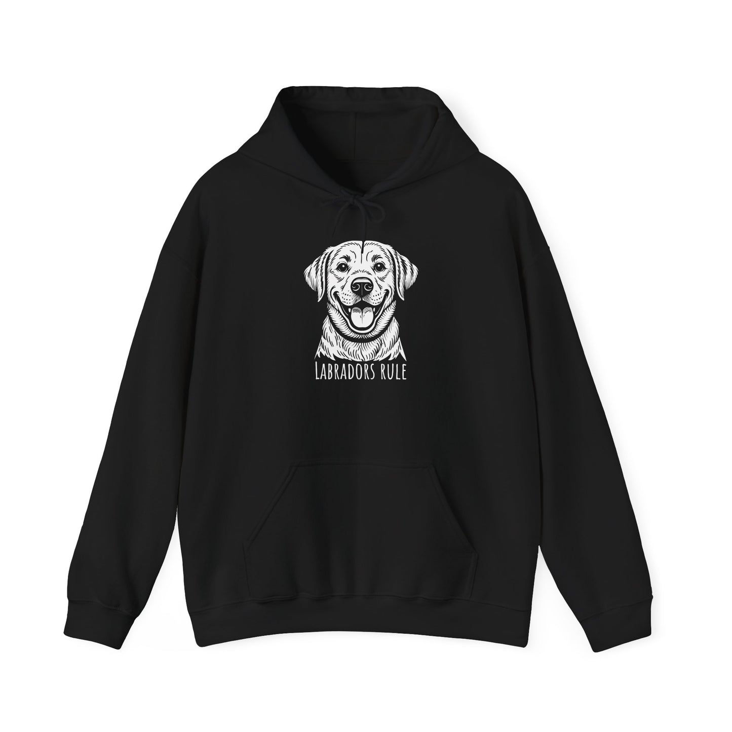 Black hoodie with a white labrador graphic and 'Labradors Rule' text on a white background