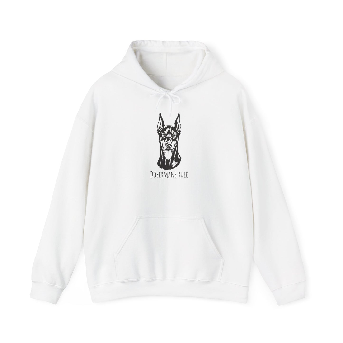 White hoodie with a black dog illustration and 'Dobermans Rule' text on a white background