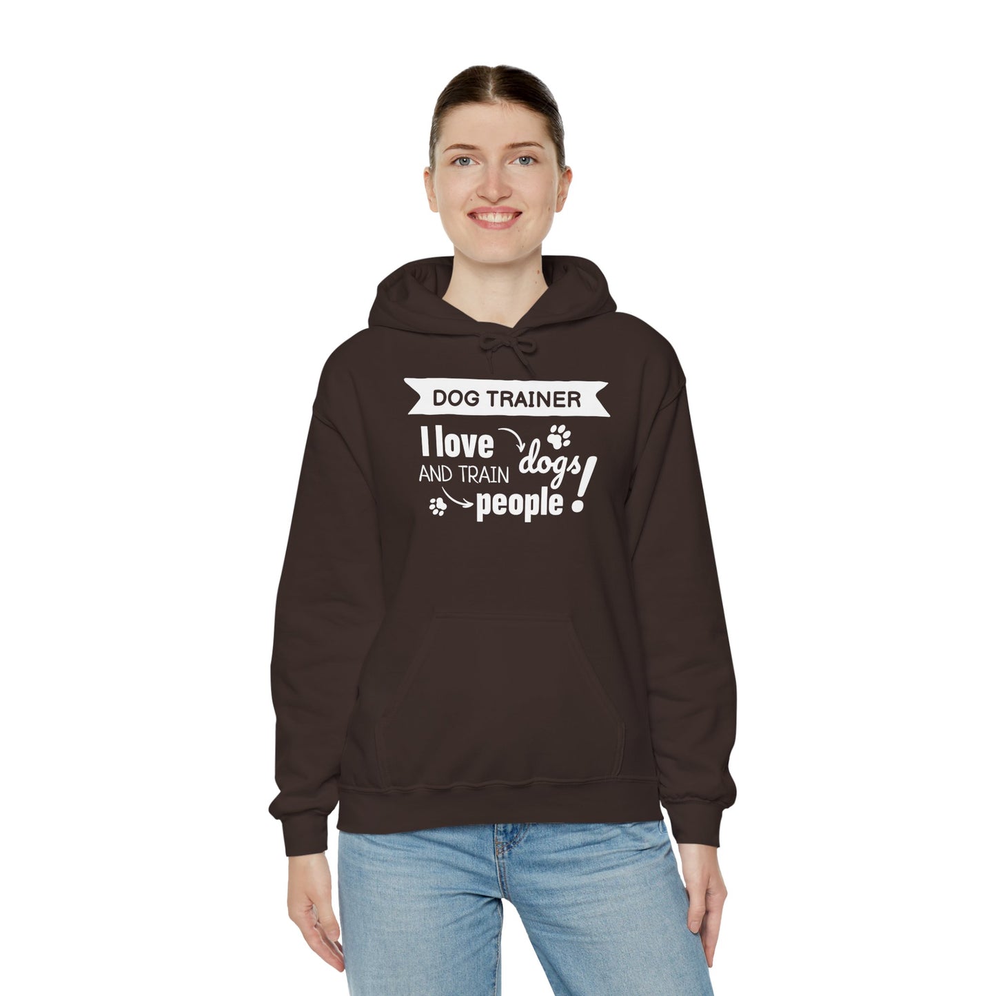 Person wearing a brown hoodie with text on a white background