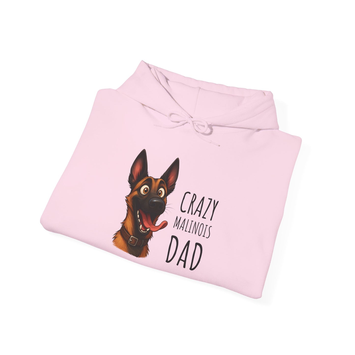 Pink hoodie with a dog graphic and text on a white background