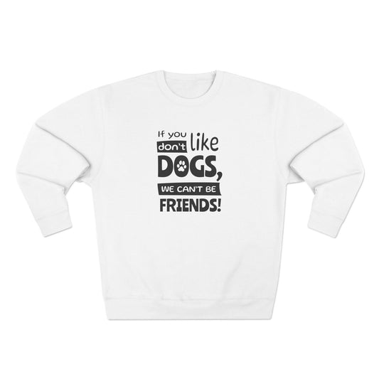 White sweatshirt with black text on a white background
