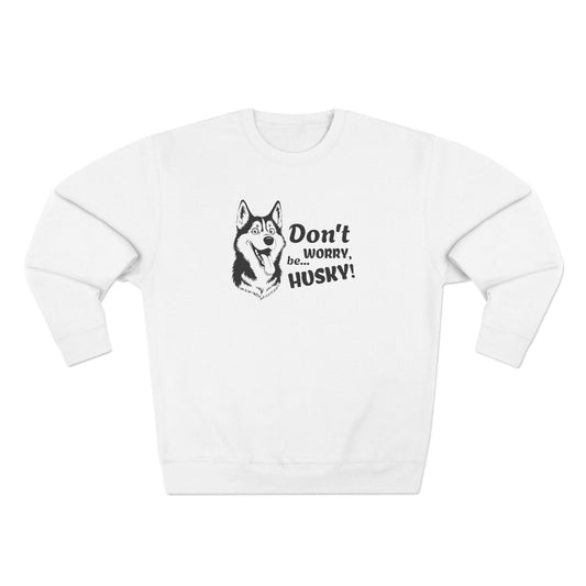 White sweatshirt with husky graphic and text on a white background