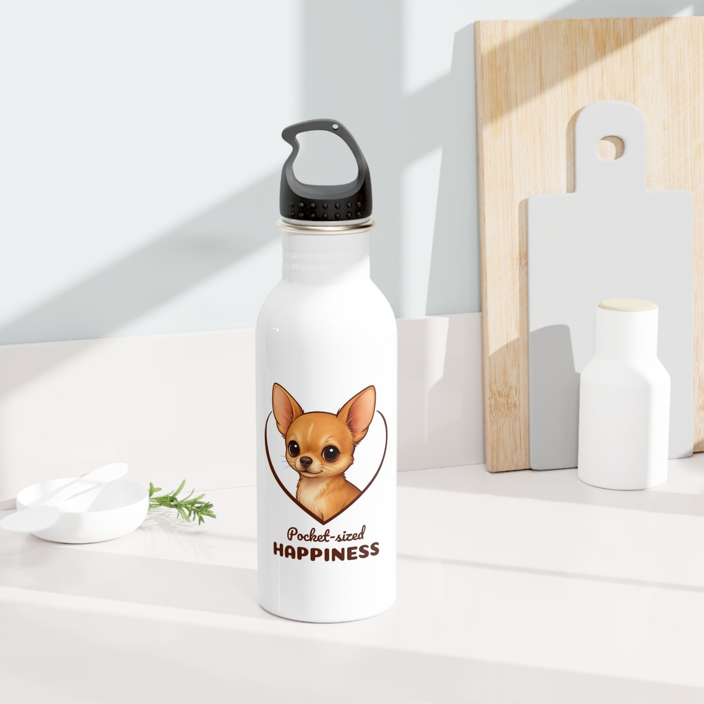 White water bottle with a dog illustration and text on a white surface