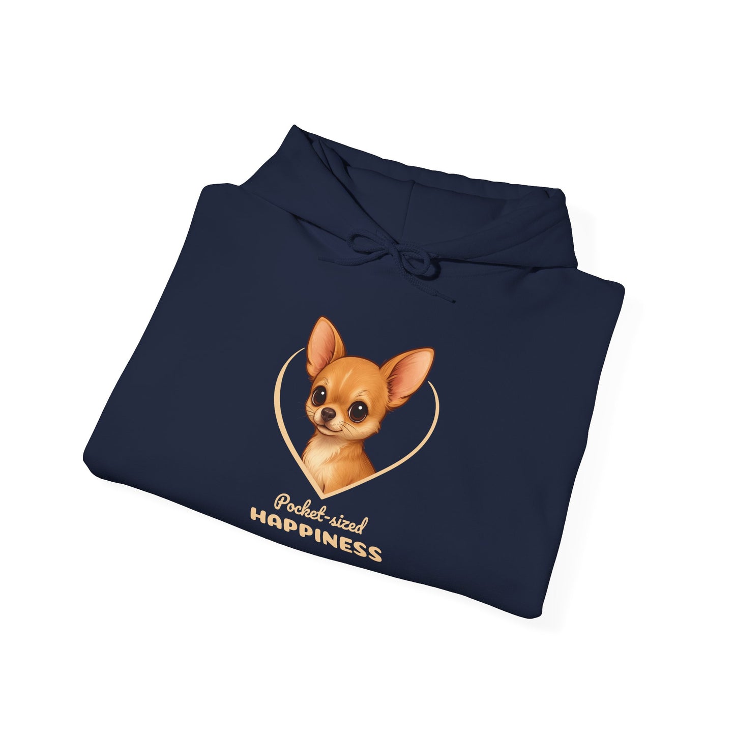 Navy blue hoodie with a dog illustration and 'Pocket-sized Happiness' text on a white background