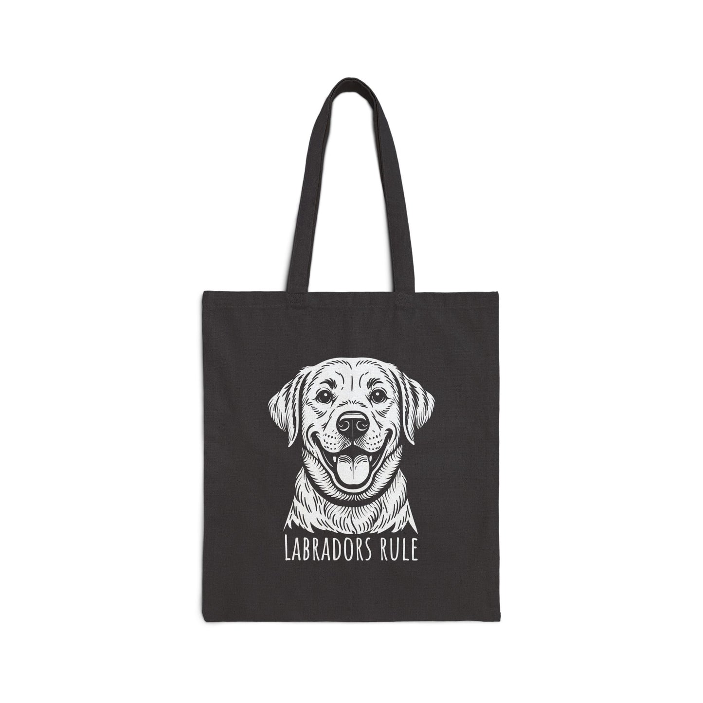 Black tote bag with a white labrador illustration and 'Labradors Rule' text on a white background