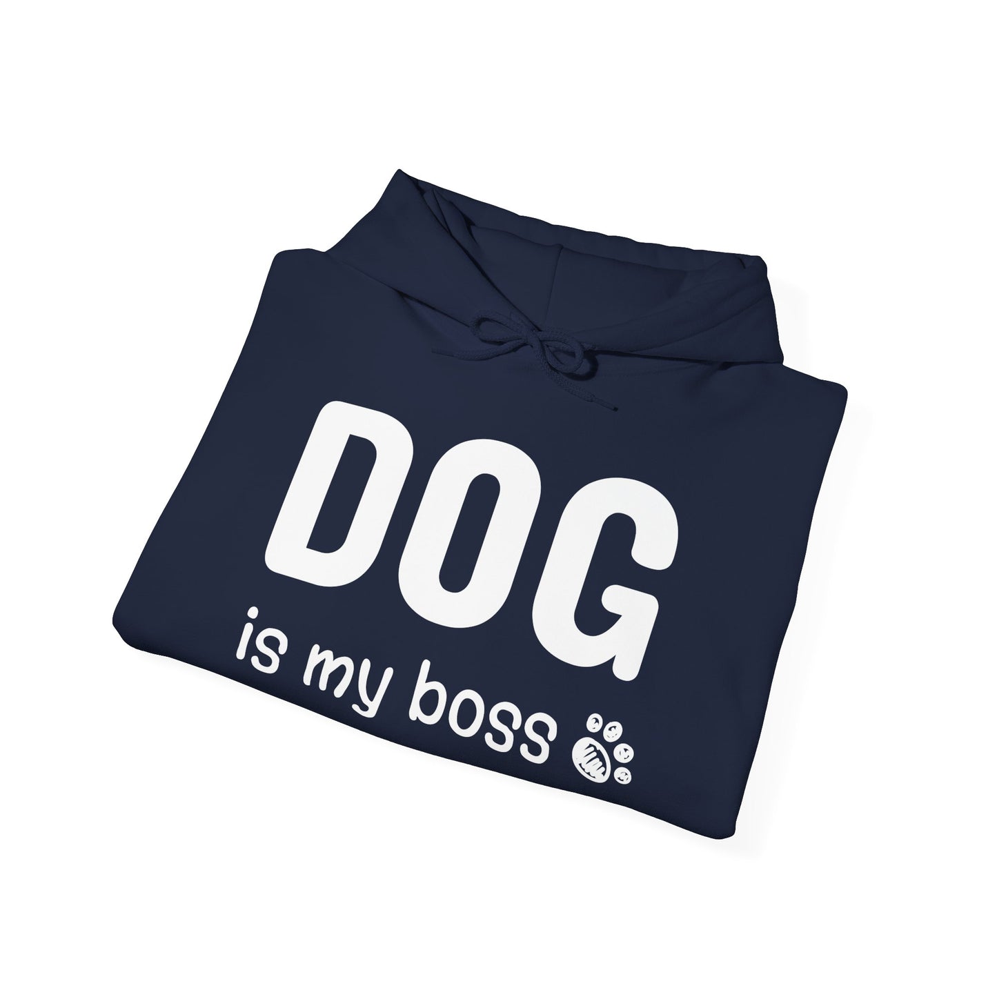 Navy blue hoodie with 'DOG is my boss' text on a white background