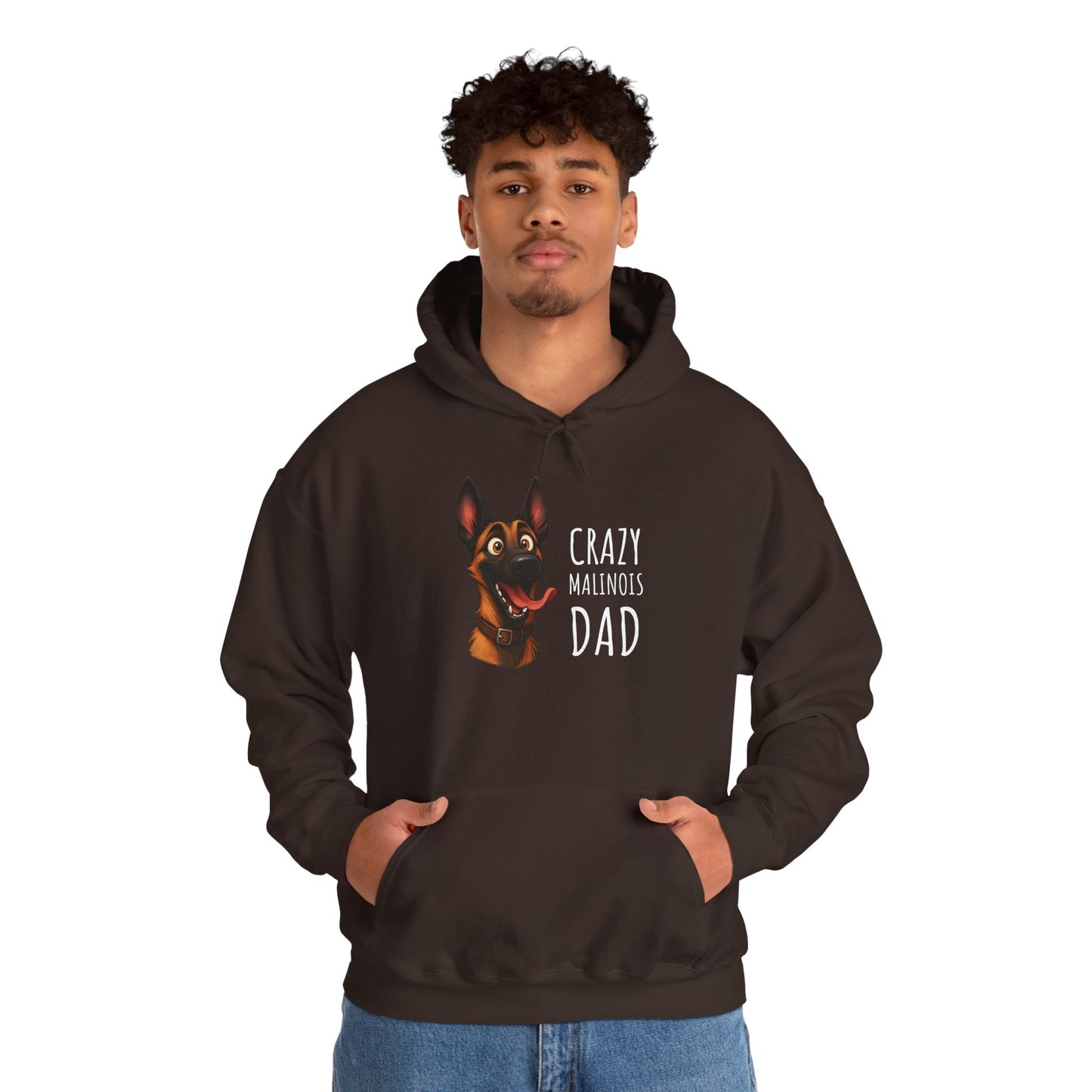 Person wearing a black hoodie with a dog graphic and text on a white background