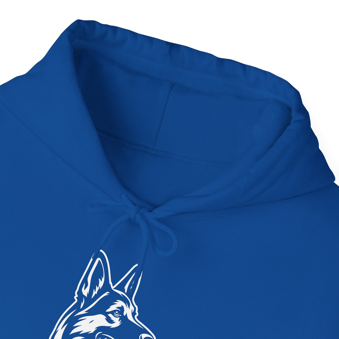 Blue hoodie with a white dog graphic on a white background