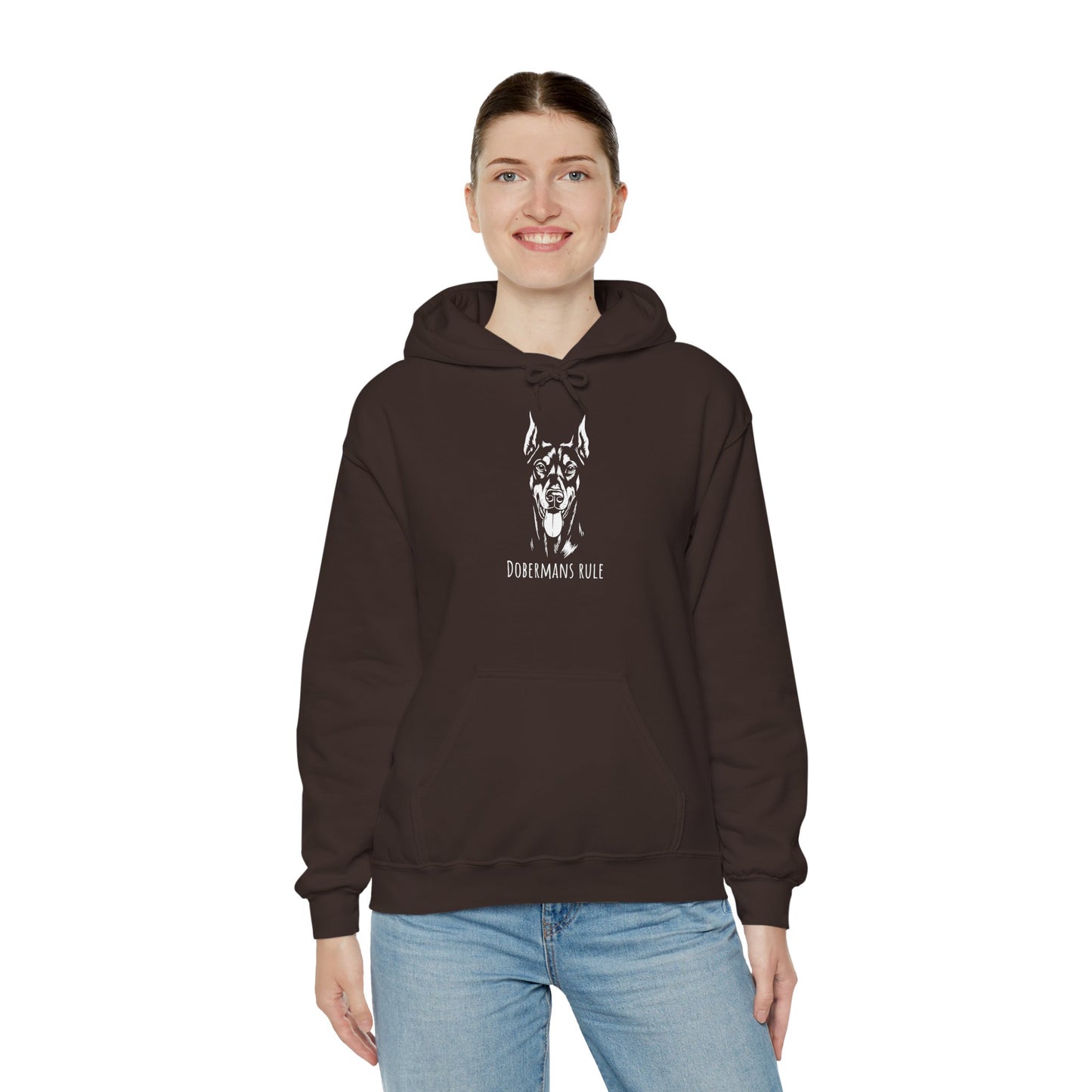 Person wearing a brown hoodie with a dog graphic and text on a white background