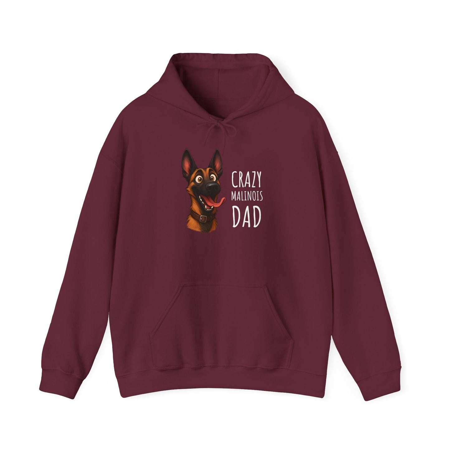 Maroon hoodie with dog graphic and text on a white background