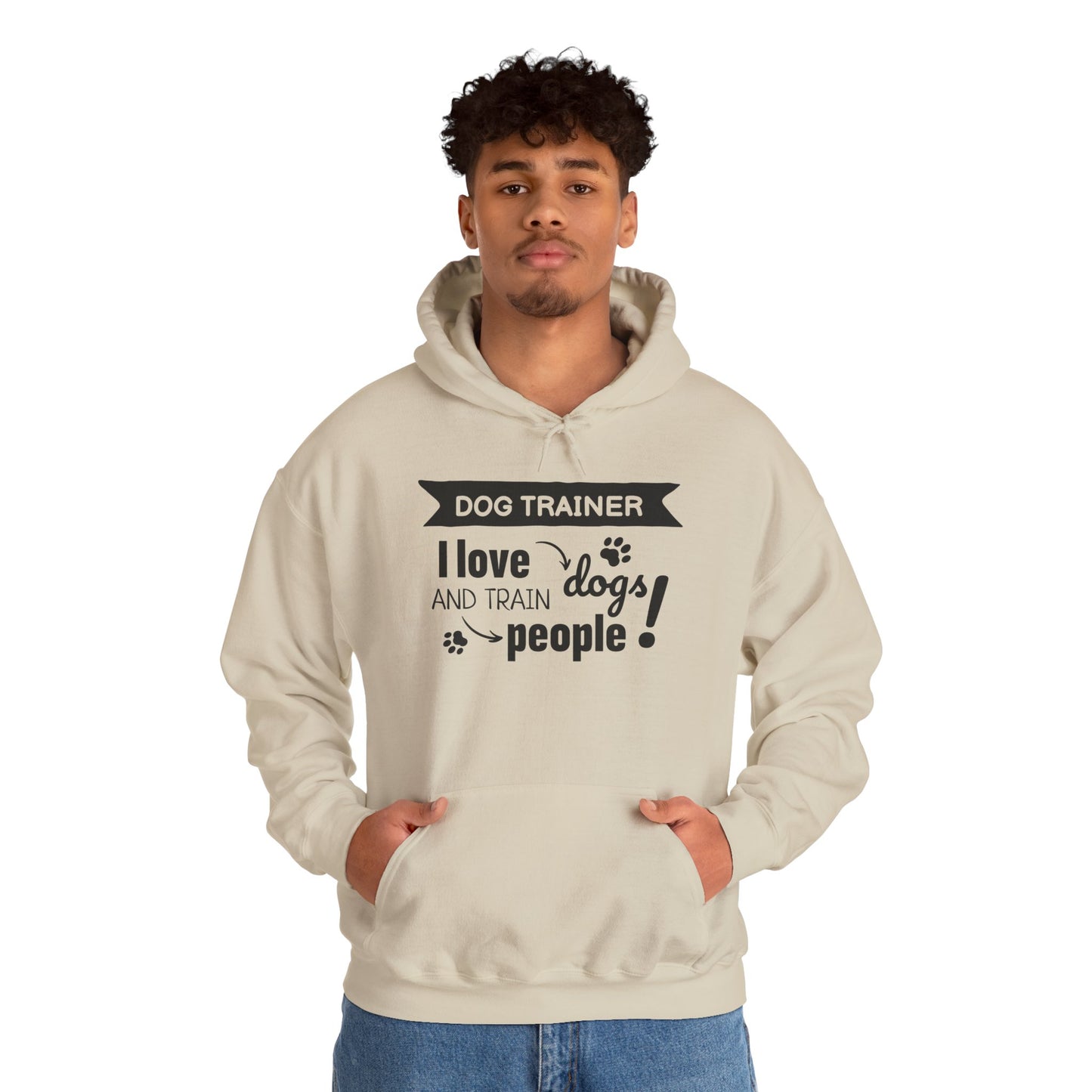 Person wearing a beige hoodie with text 'Dog Trainer I love dogs and train people' on a white background