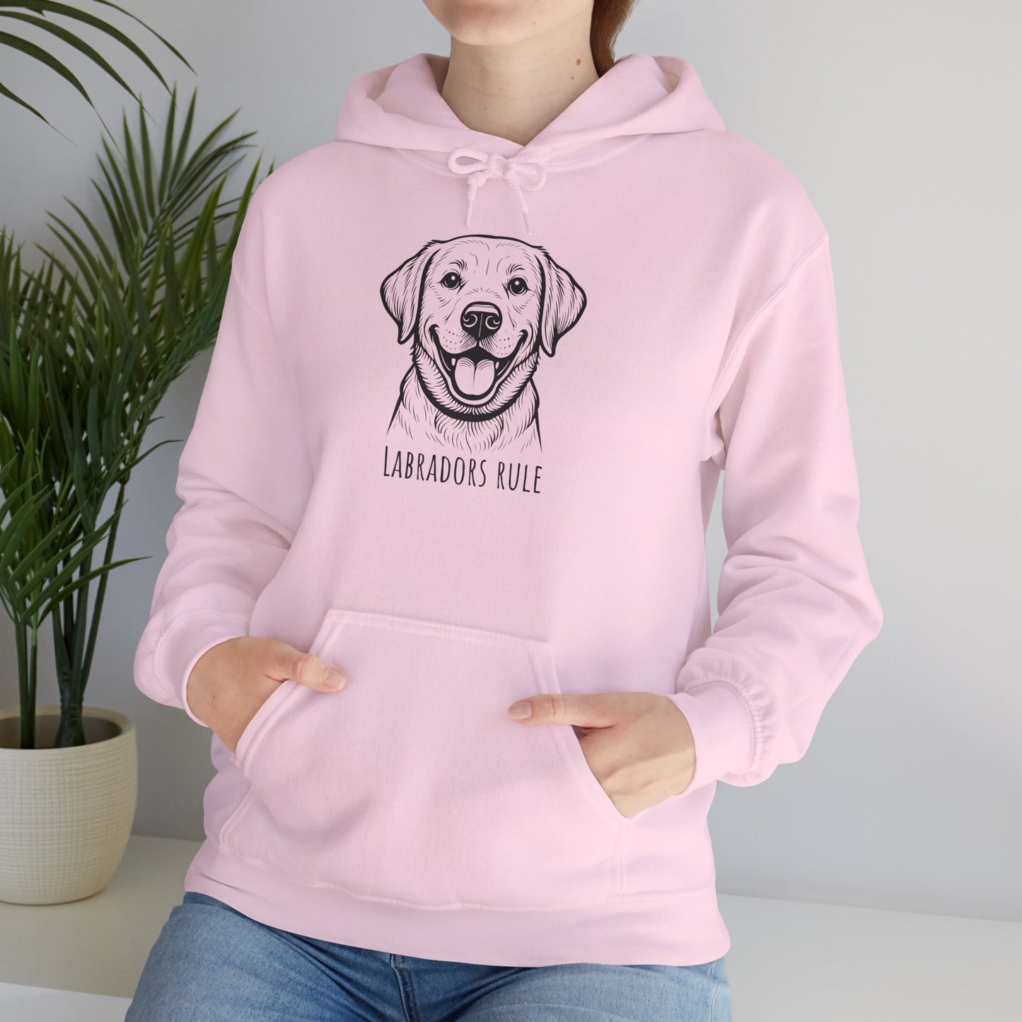 Person wearing a pink hoodie with a Labrador design and 'Labradors Rule' text, standing against a plain background.