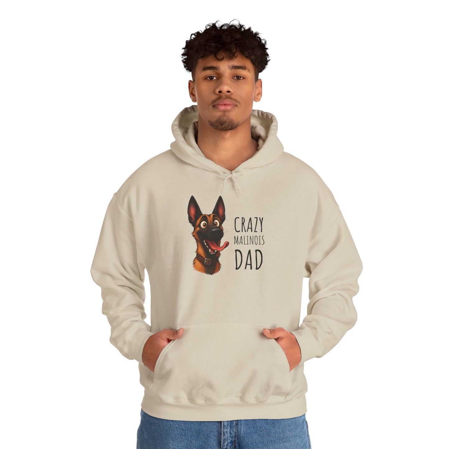 Person wearing a beige hoodie with a dog graphic and text on a white background