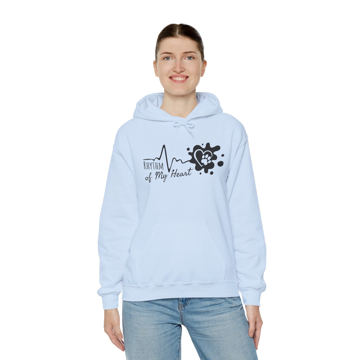 Person wearing a light blue hoodie with a black design and text on a white background