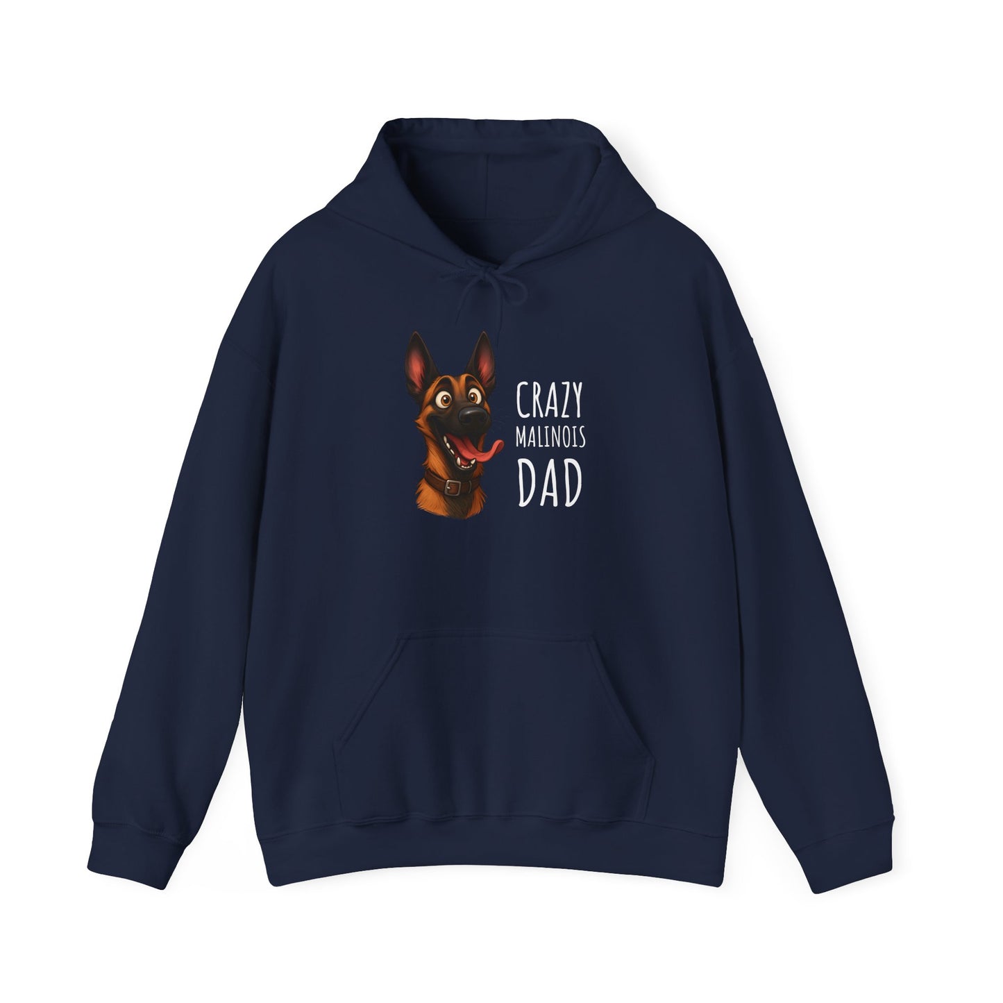 Navy blue hoodie with a dog graphic and text on a white background