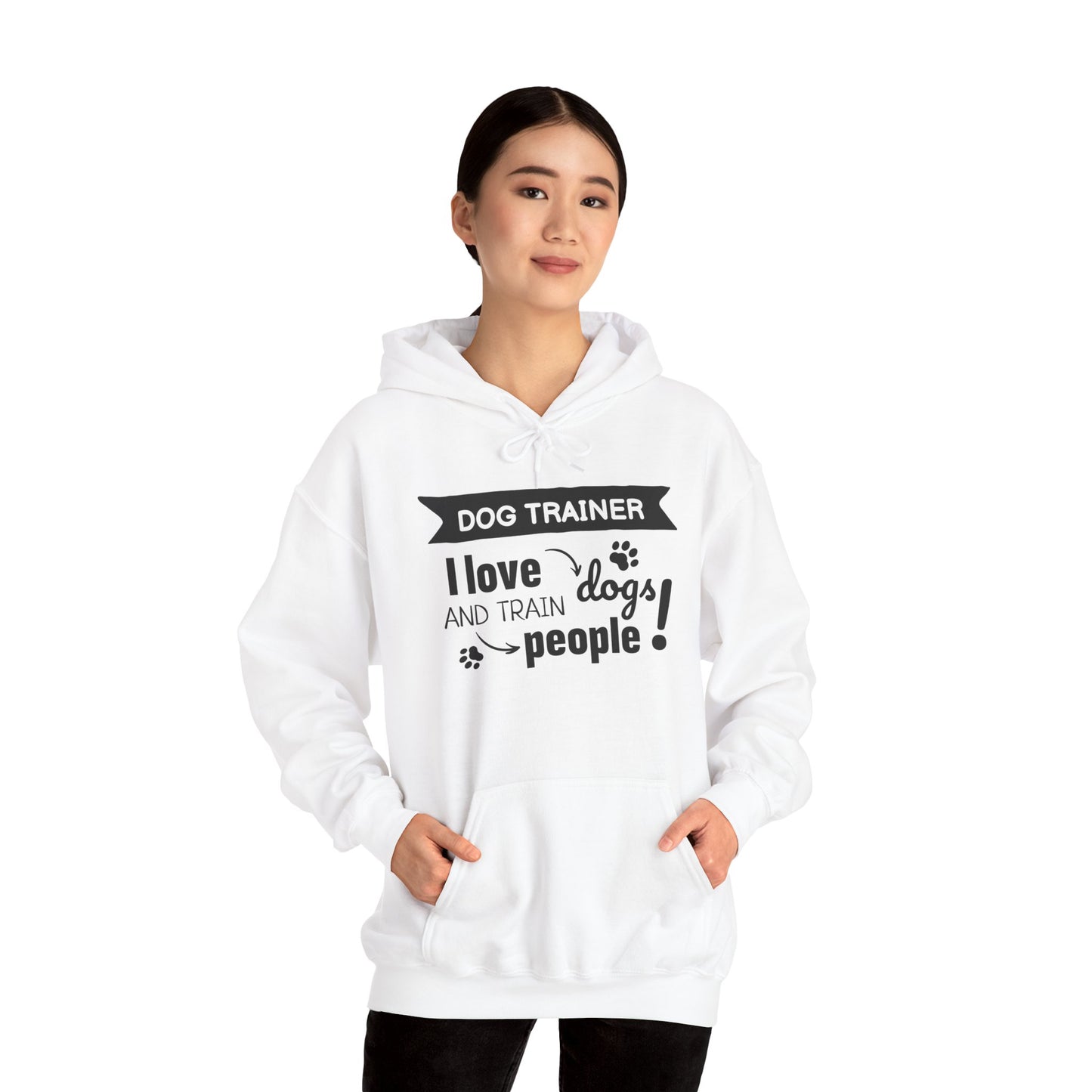 Person wearing a white hoodie with text design on a white background