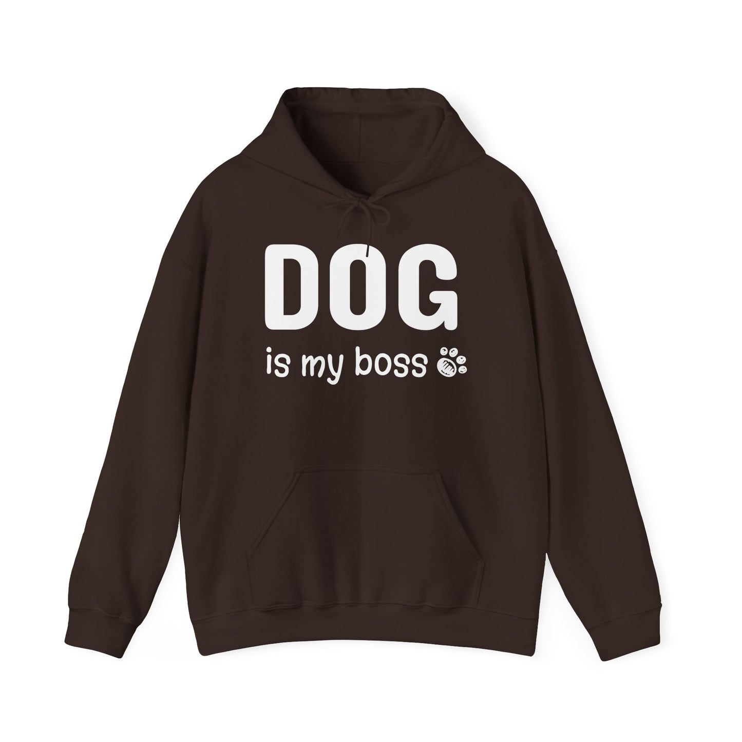 Brown hoodie with 'DOG is my boss' text on a white background