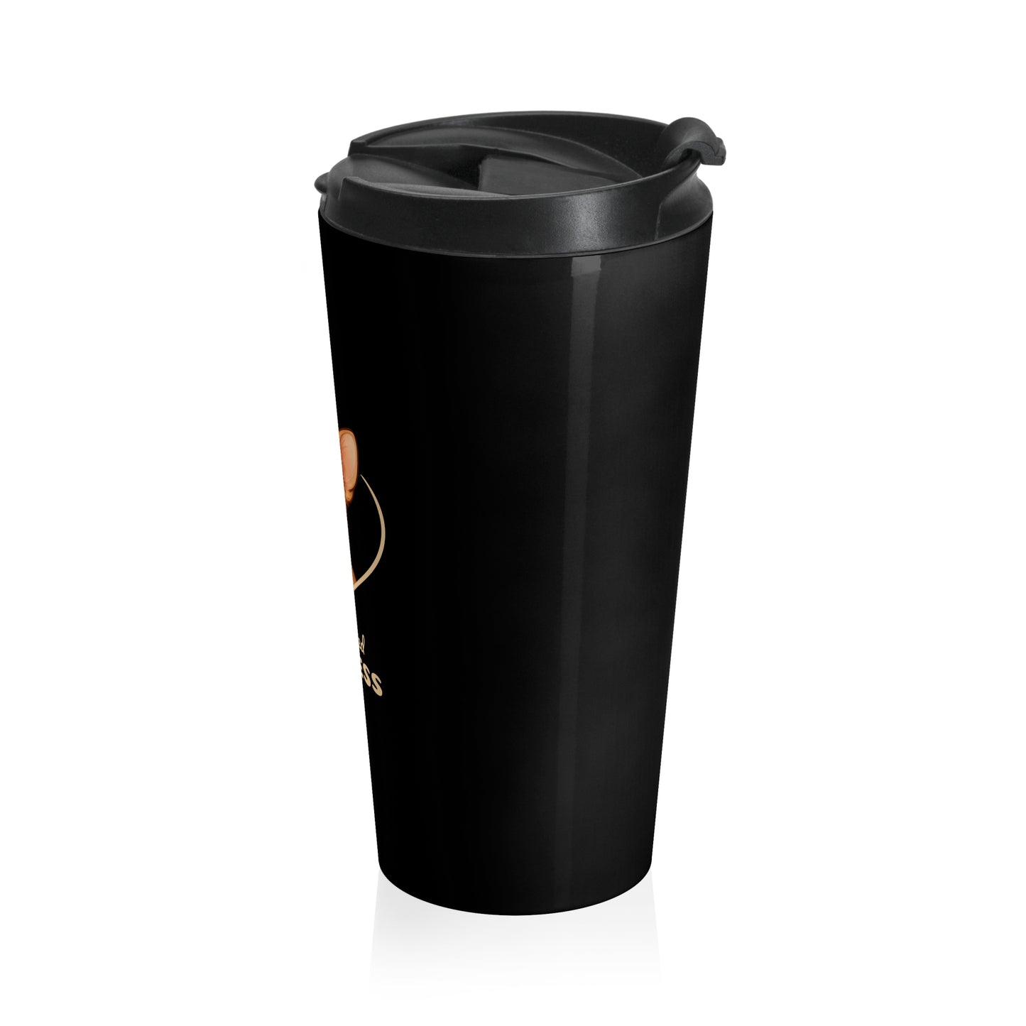 Black travel mug with a design on a white background
