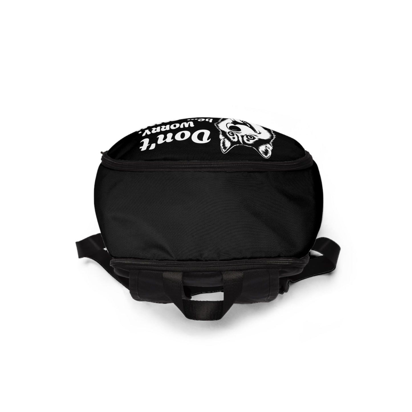 Black bag with white text and graphics on a white background