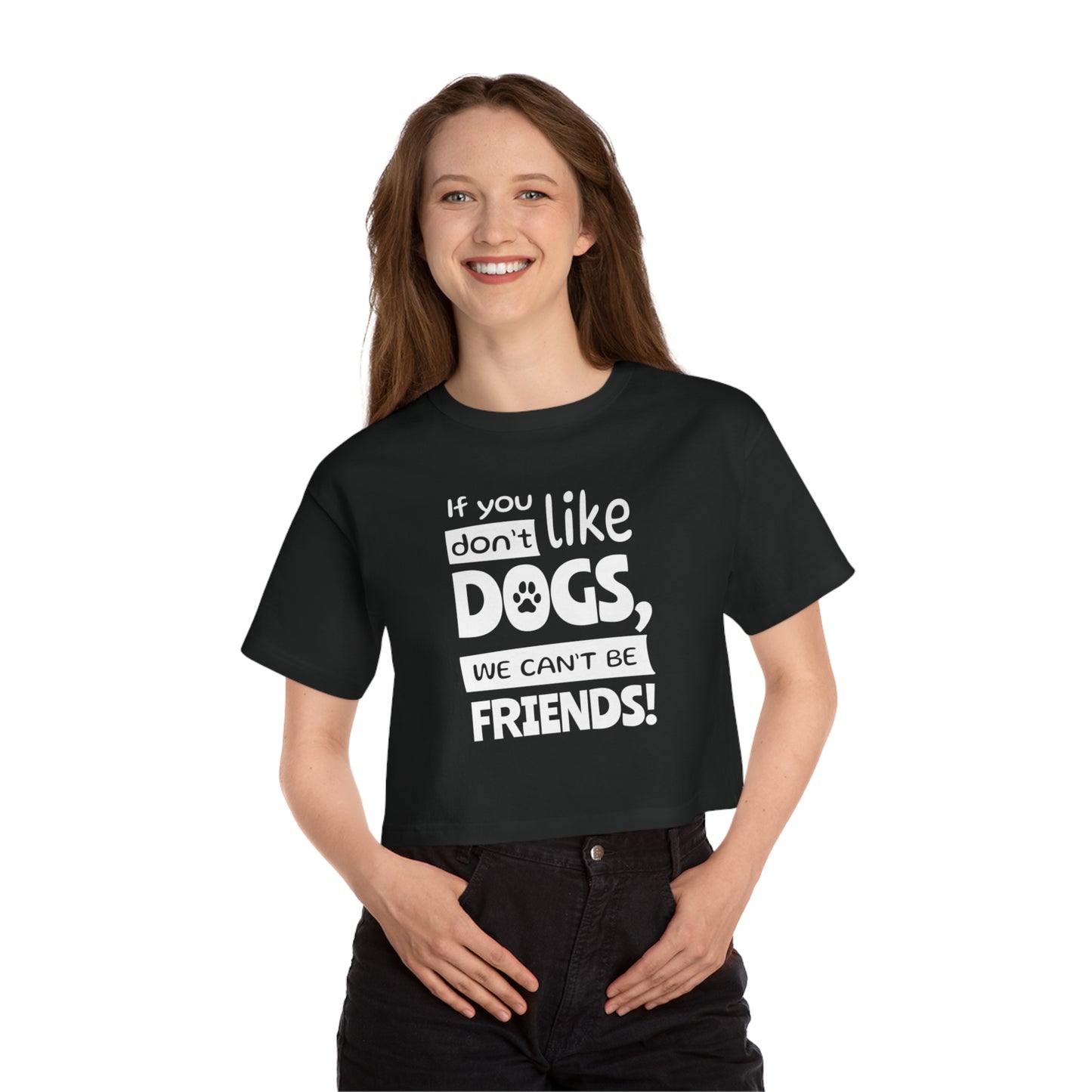 Person wearing a black t-shirt with a humorous text design on a white background