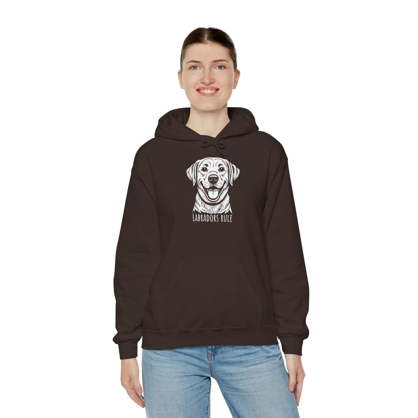 Person wearing a brown hoodie with a dog graphic and text on a white background