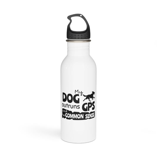 White water bottle with black text and dog graphic on a white background