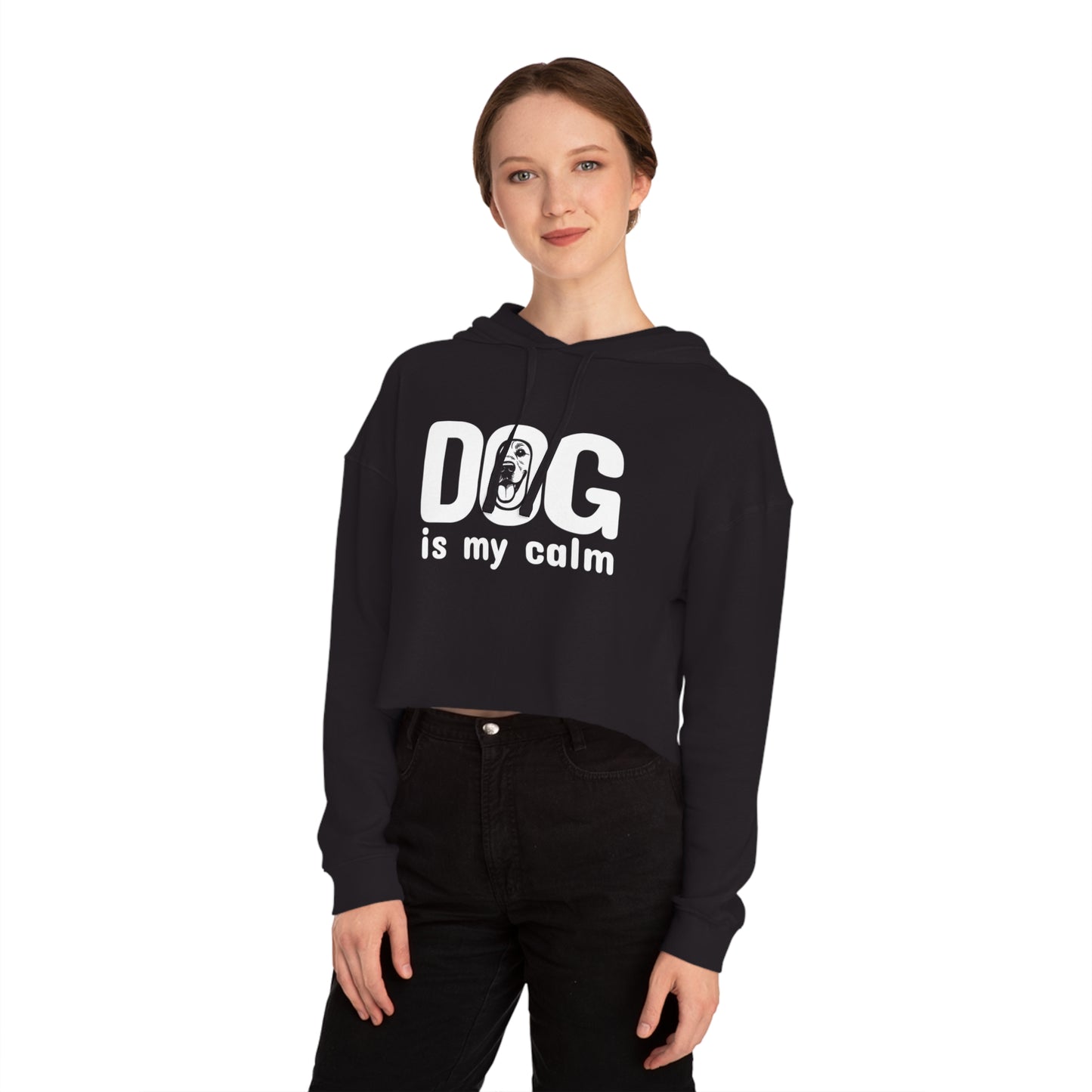 Person wearing a black hoodie with 'DOG is my calm' text on a white background