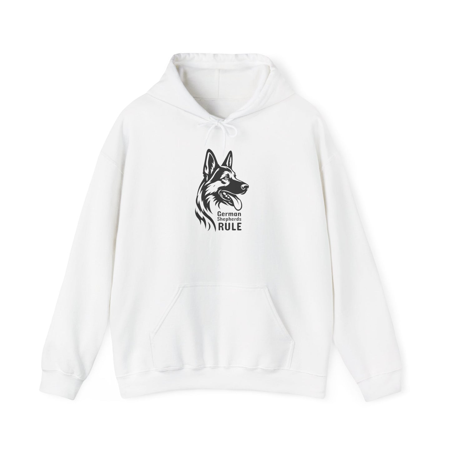 White hoodie with a graphic of a German Shepherd and text on a white background