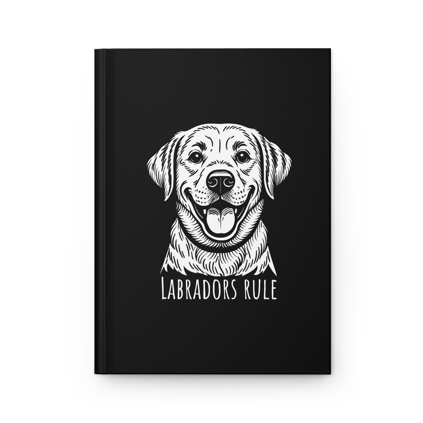 Black notebook with a white labrador illustration and 'Labradors Rule' text on a white background