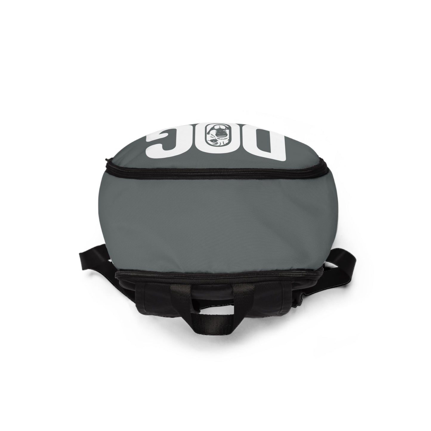 Gray backpack with black straps on a white background