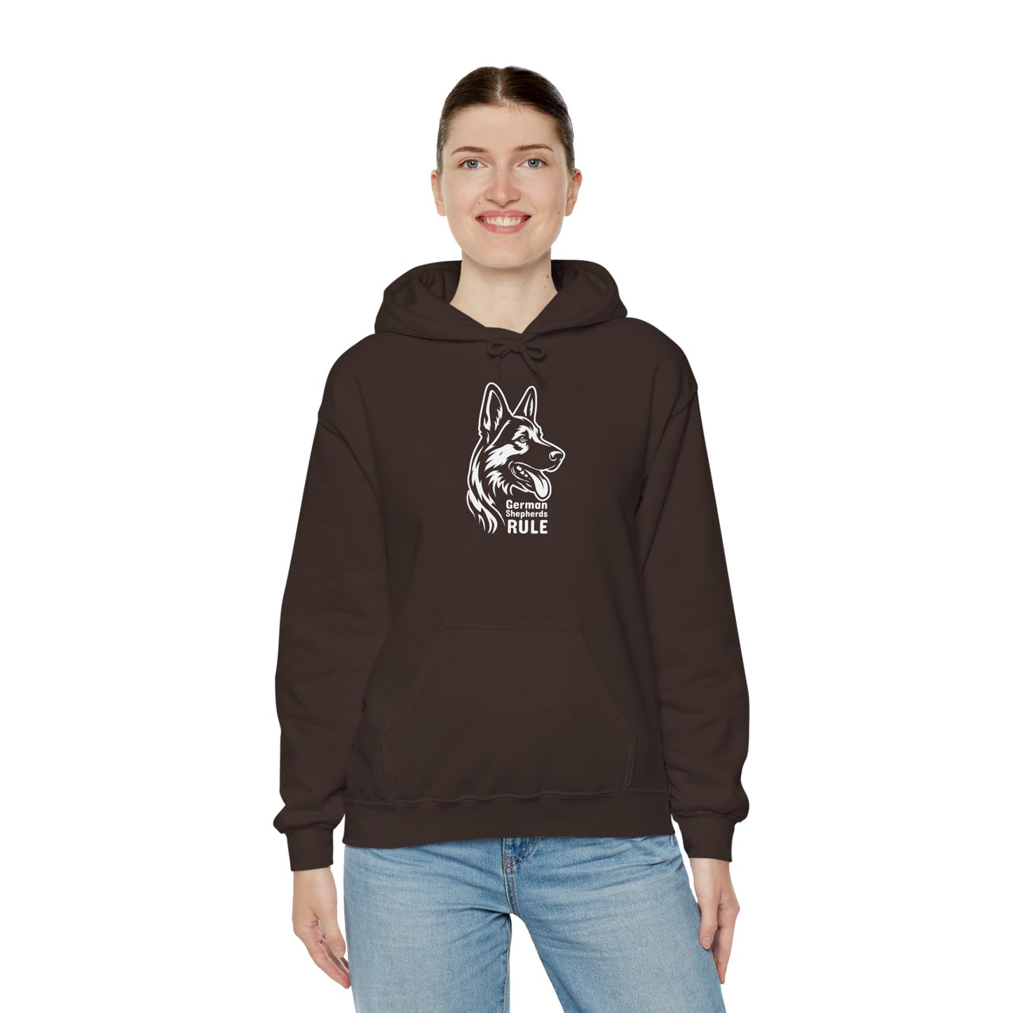 Person wearing a brown hoodie with a dog graphic and text on a white background