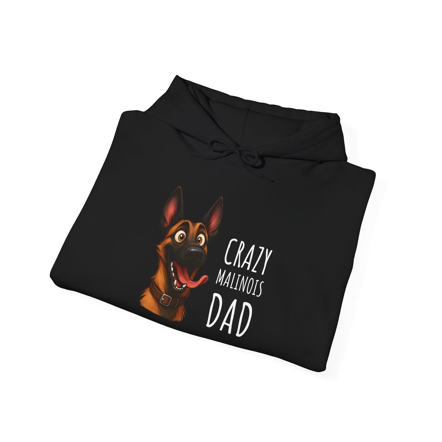 Black hoodie with a dog graphic and text on a white background