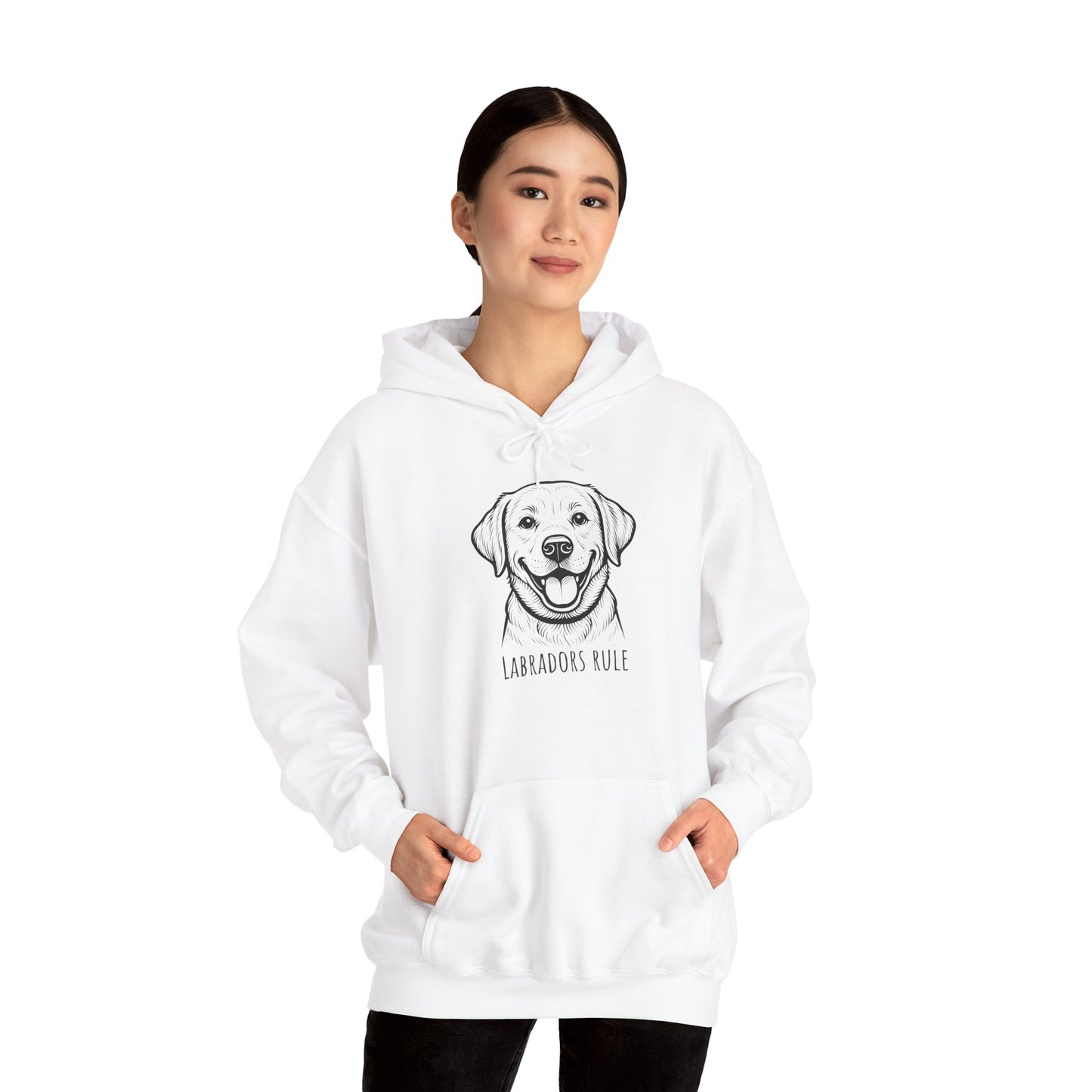 Person wearing a white hoodie with a dog illustration and text on a white background