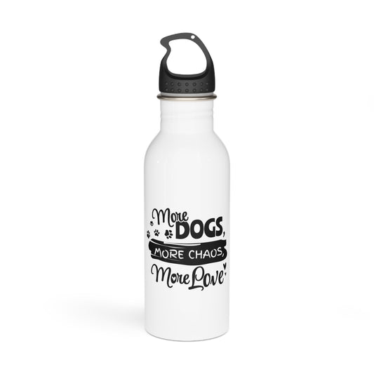 White water bottle with black text and paw prints on a white background