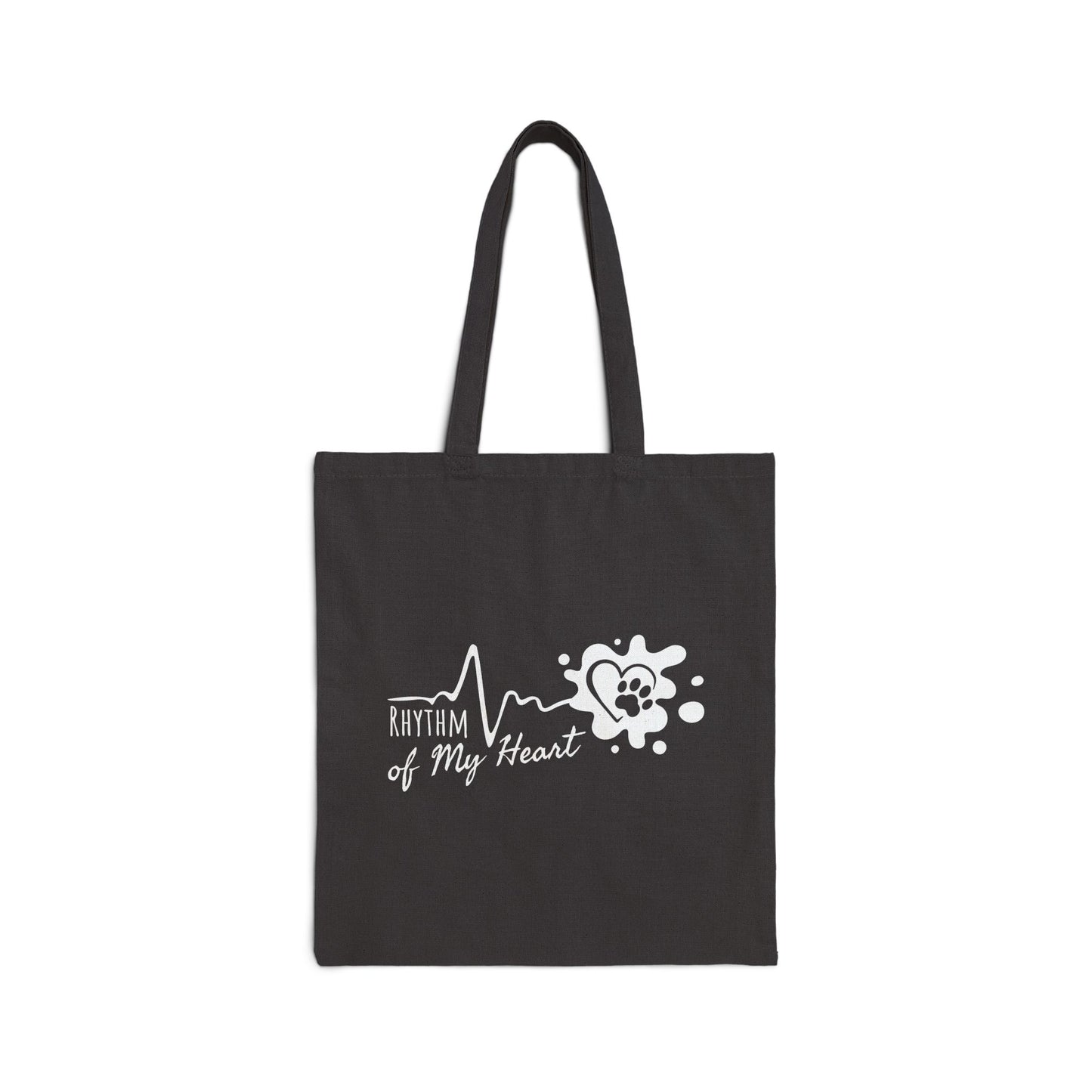 Black tote bag with 'Rhythm of My Heart' design on a white background
