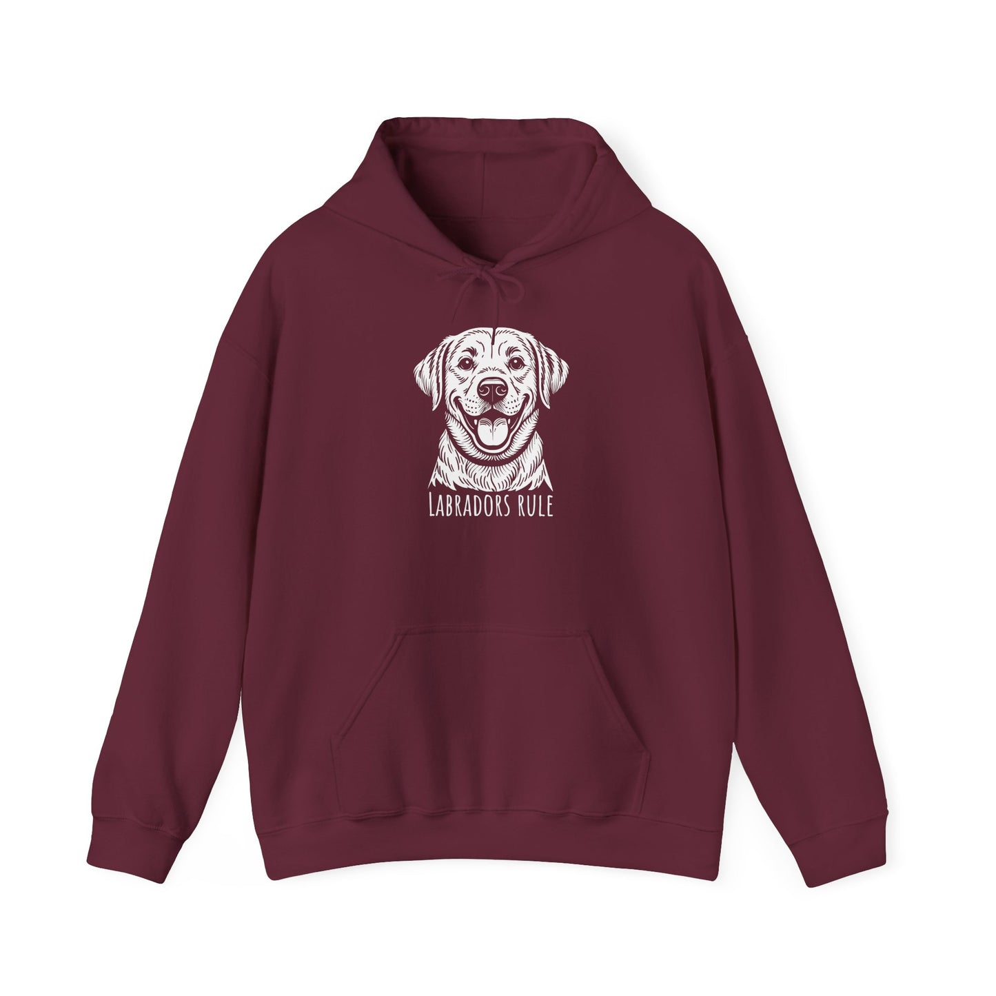 Maroon hoodie with a dog graphic and 'Labradors Rule' text on a white background