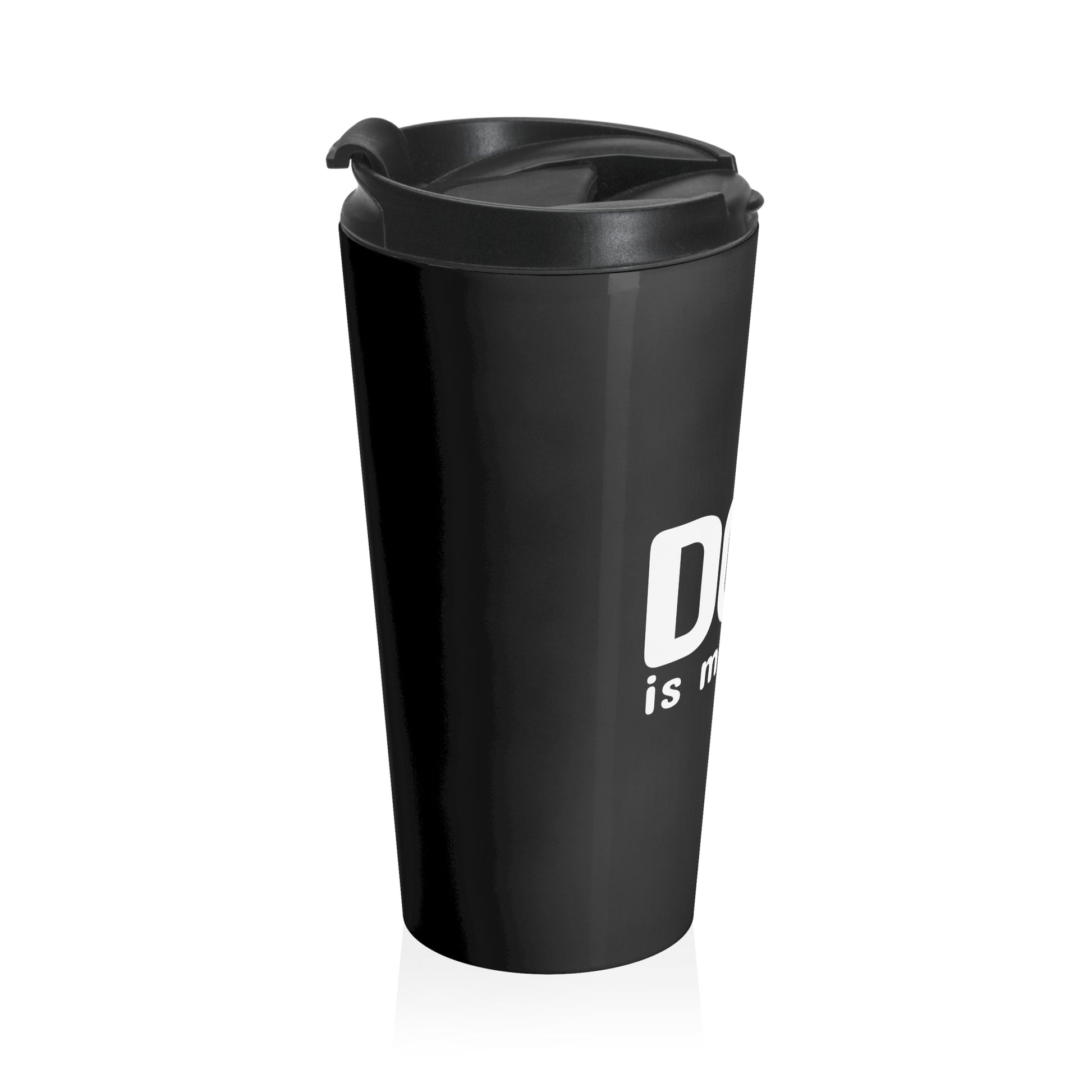 Black travel mug with a white logo on a white background