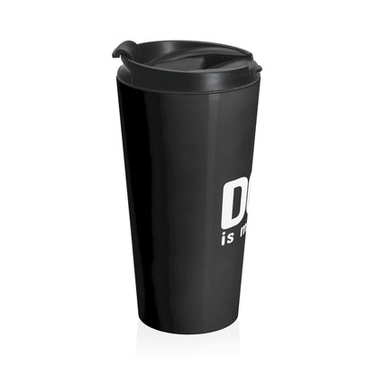 Black travel mug with a white logo on a white background