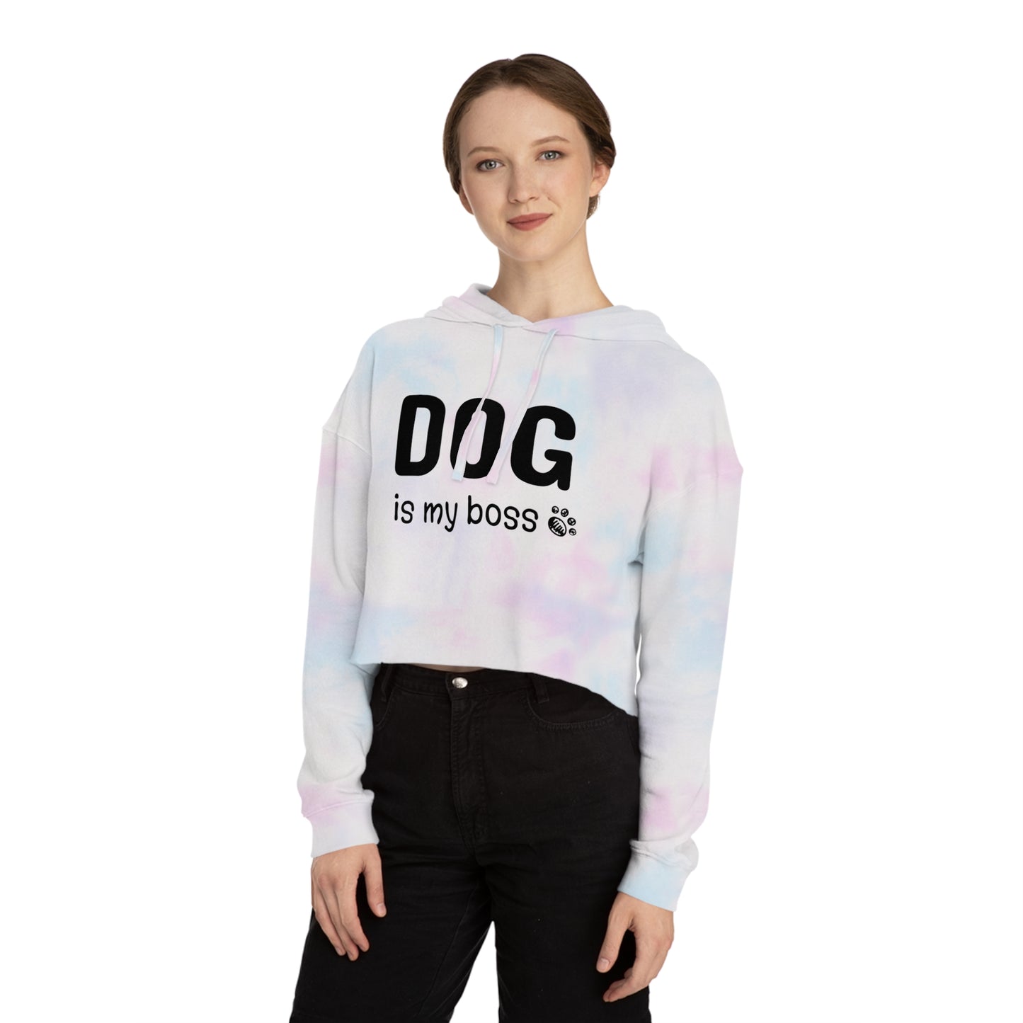 Person wearing a tie-dye hoodie with 'DOG is my boss' text on a white background
