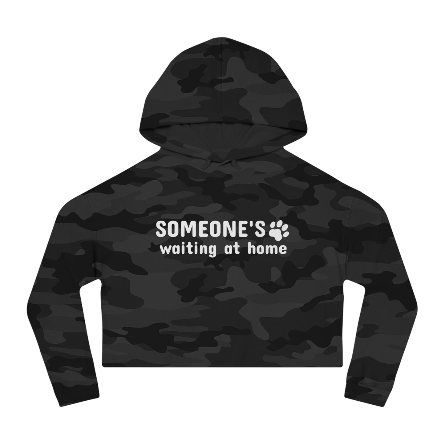 Black camouflage hoodie with text 'SOMEONE'S waiting at home' on a white background