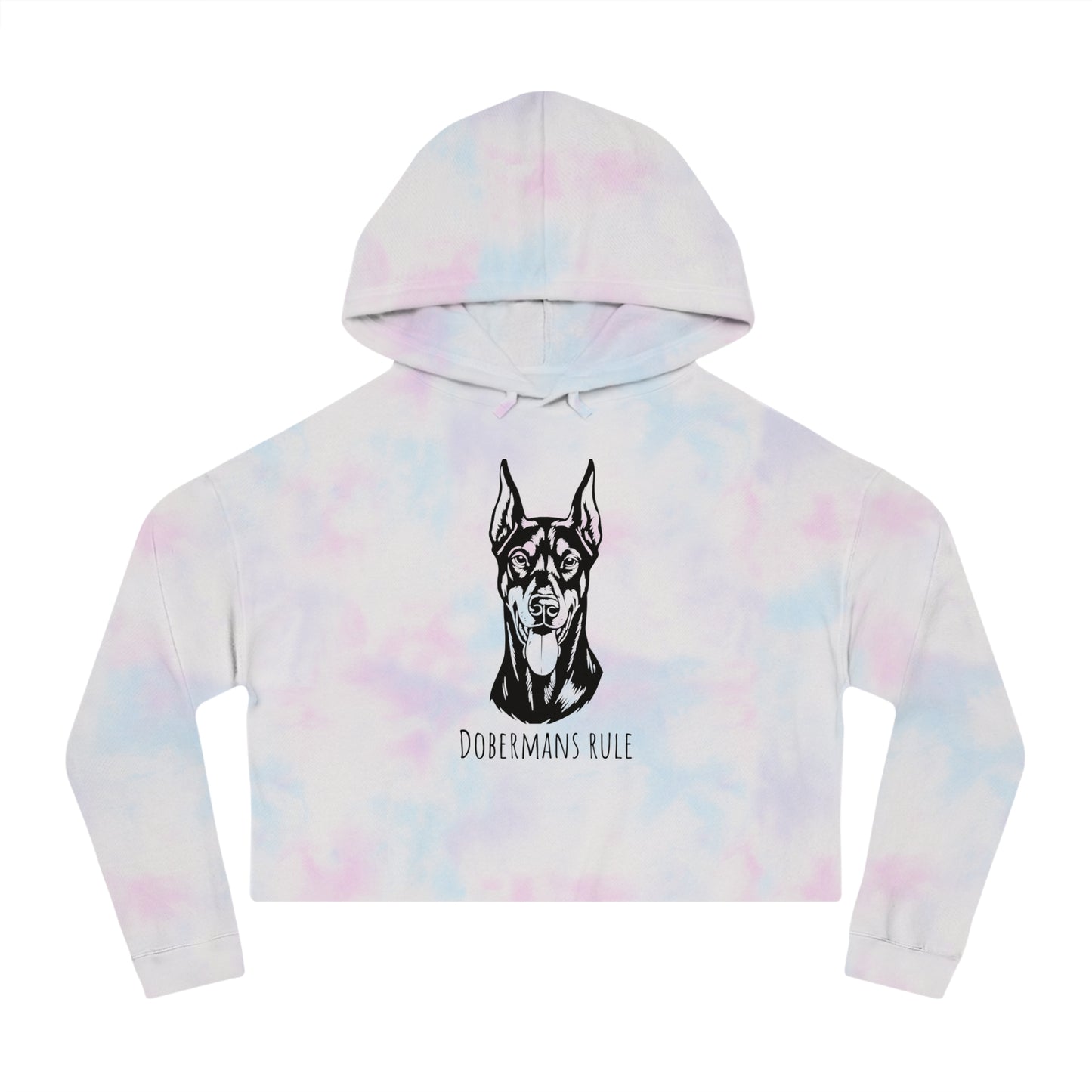 Tie-dye hoodie with a dog graphic and 'Dobermans Rule' text on a white background