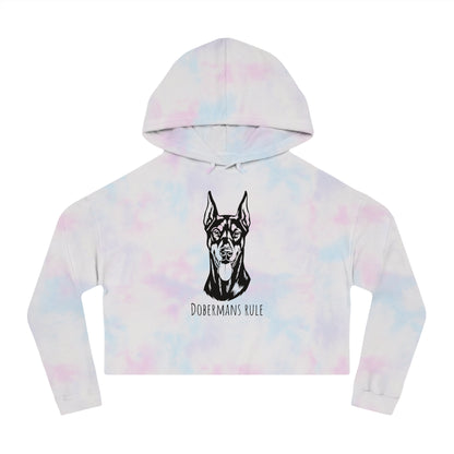 Tie-dye hoodie with a dog graphic and 'Dobermans Rule' text on a white background