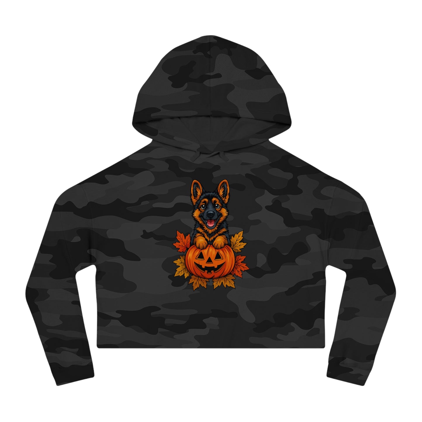 Black camo hoodie with a dog and pumpkin design on a white background