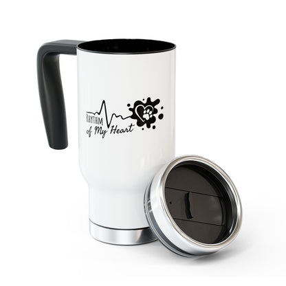 White travel mug with black handle and 'Rhythm of My Heart' design on a white background