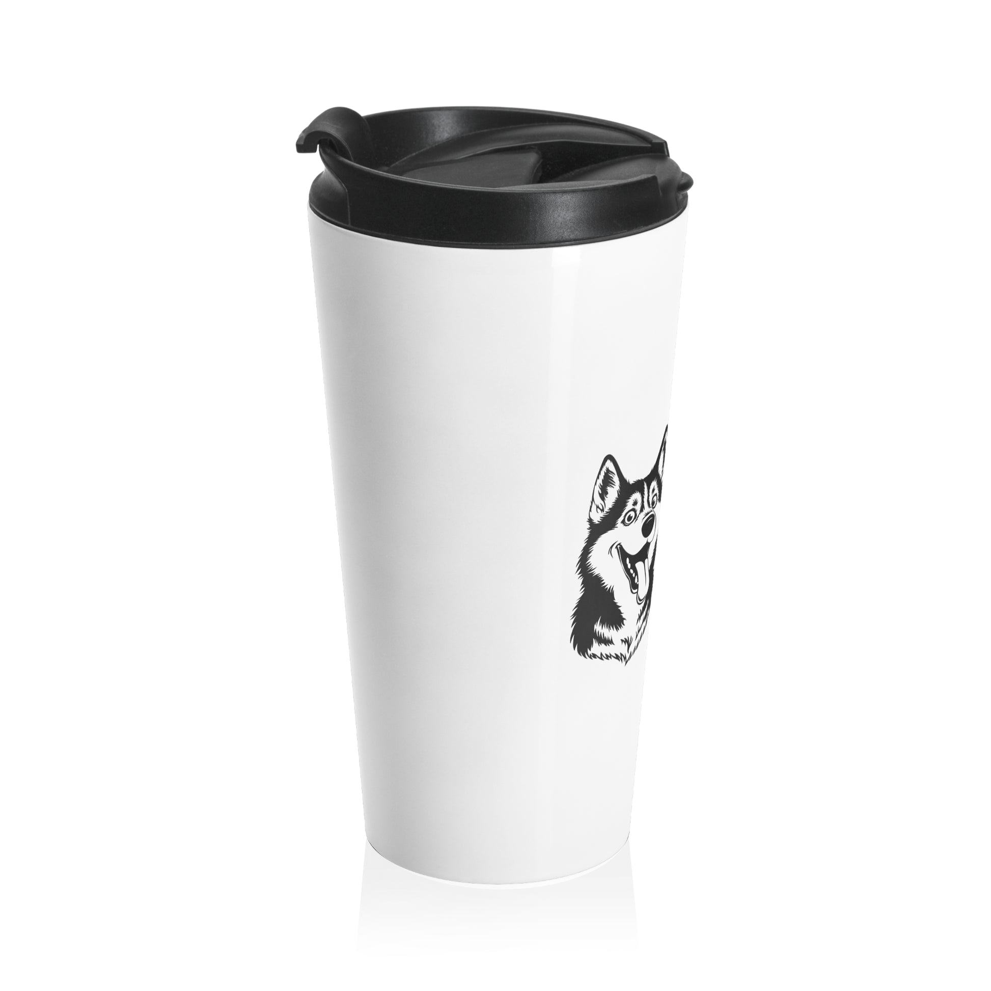 White travel mug with black lid featuring a dog illustration on a white background