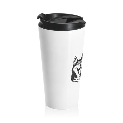 White travel mug with black lid featuring a dog illustration on a white background
