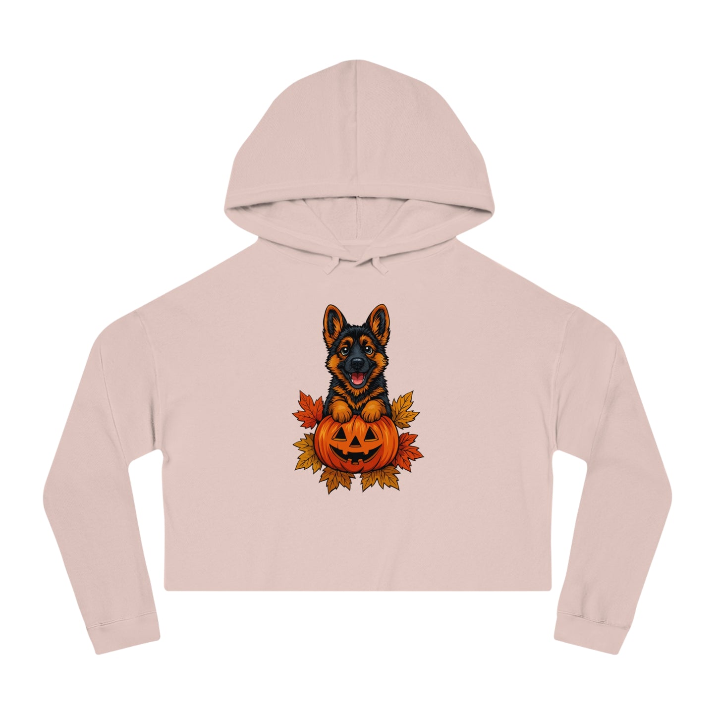 Pink cropped hoodie with a German Shepherd and pumpkin design on a white background