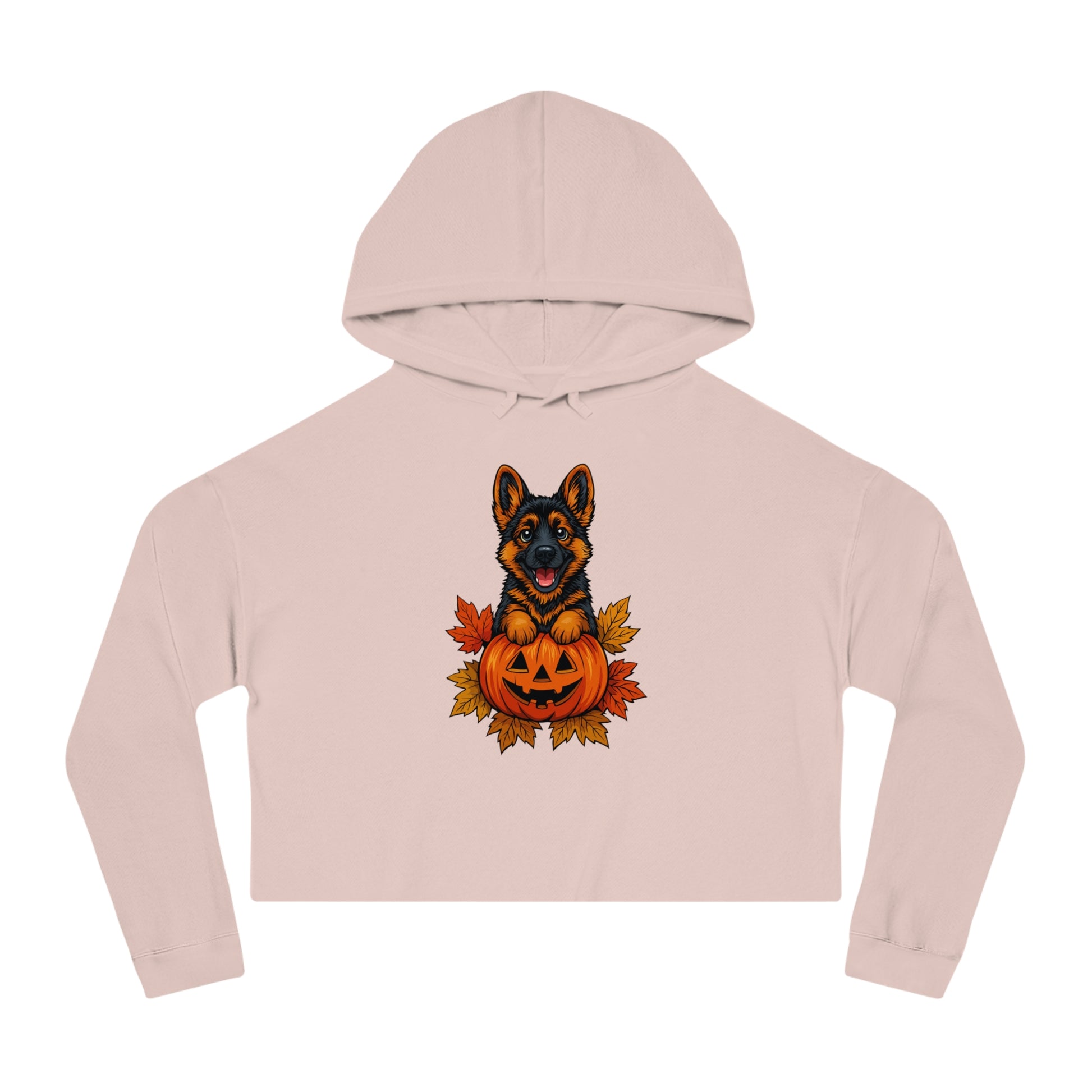 Pink cropped hoodie with a German Shepherd and pumpkin design on a white background