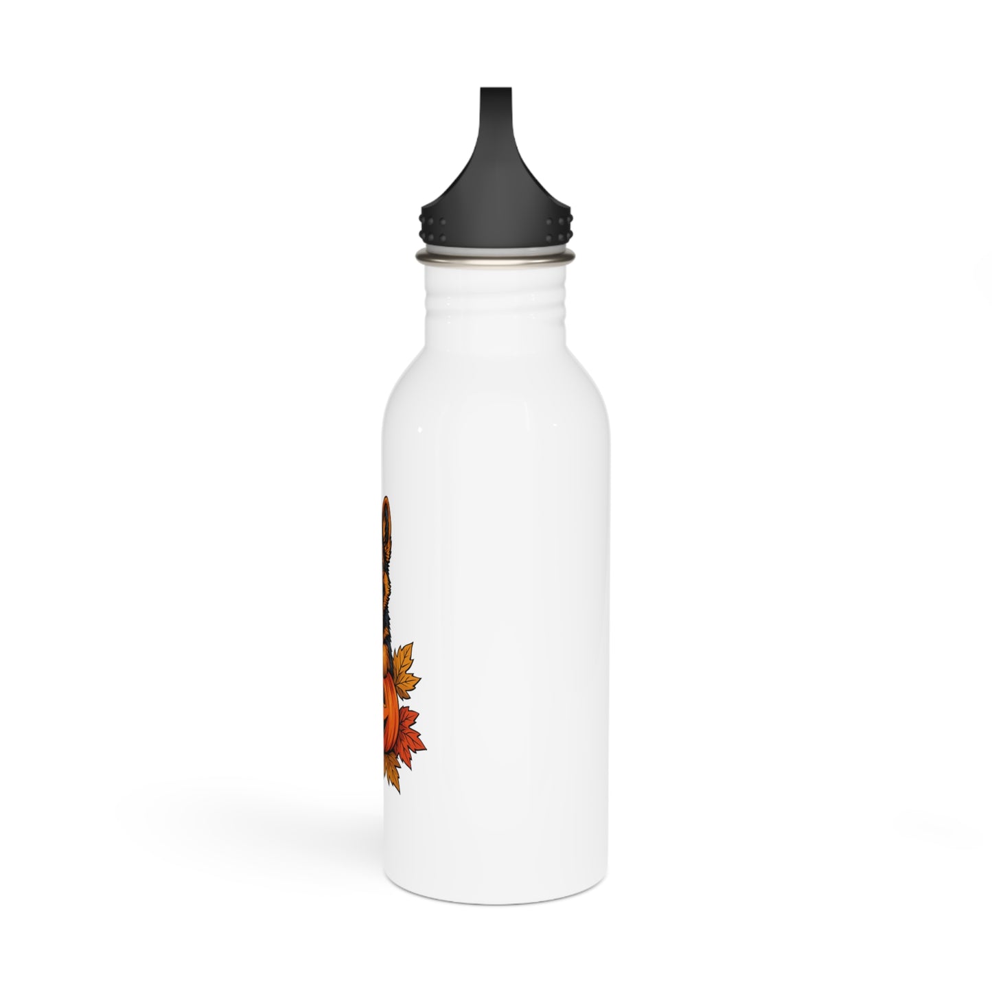 White water bottle with black lid and floral design on a white background