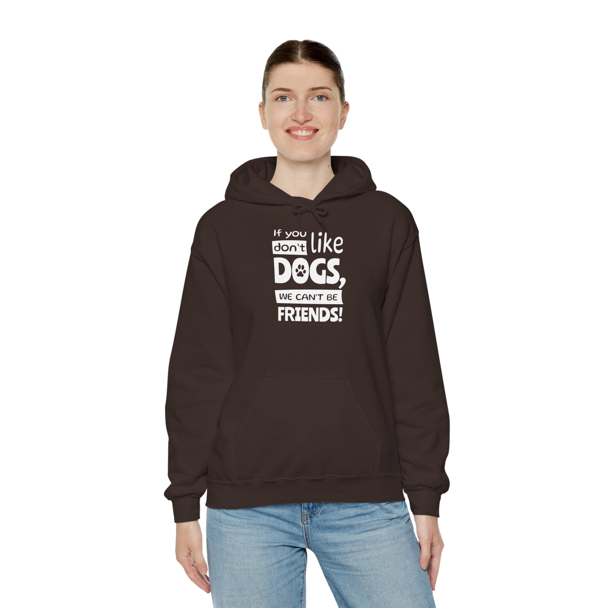 Person wearing a brown hoodie with text on a white background